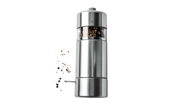Sleek stainless steel pepper grinder spilling peppercorns