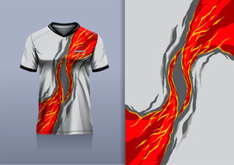 T-shirt mockup abstract texture grunge fire flame sport jersey design for football, soccer, racing, esports, running, red gray white color