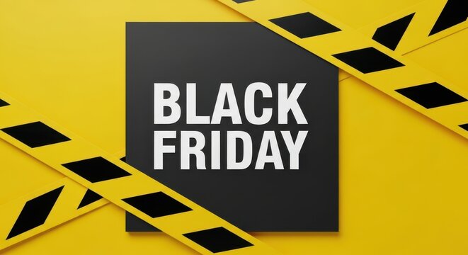 Black friday sale announcement with bold white text on a black square, surrounded by yellow and black caution tape on a vibrant yellow background