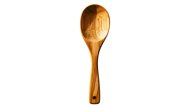 Carved wooden spoon with visible wood grain against black ground