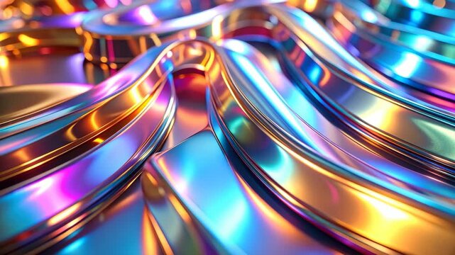 Abstract metallic curves and shapes with iridescent multicolored gradients catching bright reflections of light