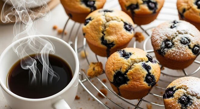 Steaming coffee and blueberry muffins on a cooling rack