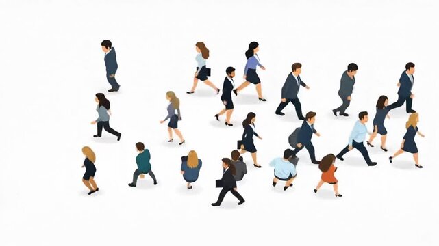 Isometric vector illustration of a crowd of office workers and professionals commuting. Diverse community of people on the move