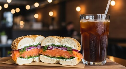 Smoked salmon bagel with iced coffee