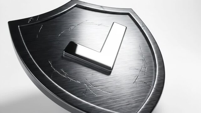 A close-up of a metallic shield with a chrome check mark emblem. The shield has subtle engraved patterns and reflects light, symbolizing protection and security.