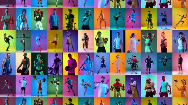 Quirky animation. Colorful collage of athletes performing and posing in studio lighting. Concept of diversity, creativity, and teamwork reflecting motivation, wellness, and global sports unity.
