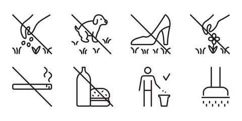Black line lawn icon set. Classic signs for parks and gardens. Linear vector permissive and prohibitive symbols. Monochrome outline pictogram bundle, editable stroke