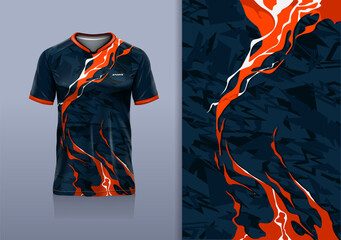 T-shirt mockup abstract texture grunge marble sport jersey design for football, soccer, racing, esports, running, navy orange white color