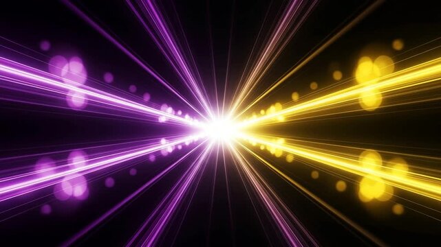 Split Screen of Purple and Yellow Light Streaks with Bokeh Effects Converging abstract