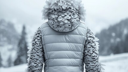 Silver Petal Hooded Winter Jacket in Snowy Forest Background