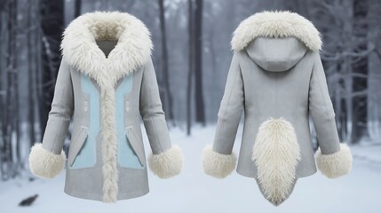 Gray and Blue Faux Fur Winter Coat with Tail Accent
