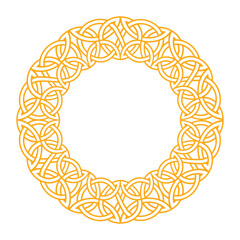 Golden circular frame featuring intricate celtic and nordic knot patterns, ideal for decorative designs.