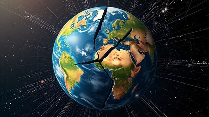 Fractured globe with mismatched seasonal quadrants spinning chaotically amid erratic satellite data.