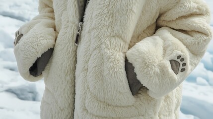 Cream Furry Winter Coat with Bear Paw Sleeve Detail