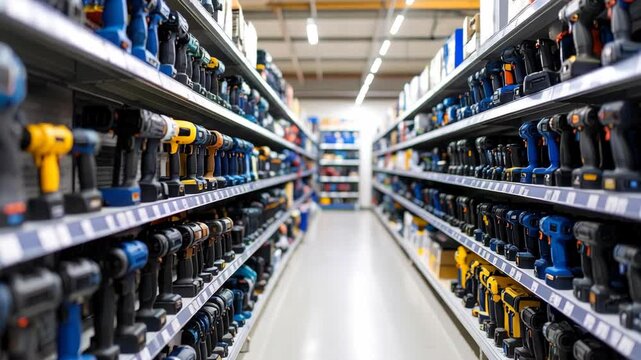 Rows of cordless drills on shelves in a retail store interior featuring various colors and styles displayed for potential customers.