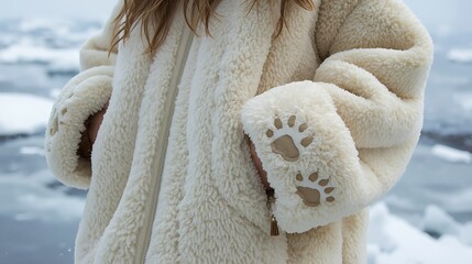 Cream Furry Coat with Cut-Out Bear Paw Cuff Design