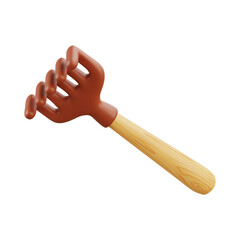 Hand Rake with Wooden Handle and Brown Tines in 3D Cartoon Gardening Illustration
