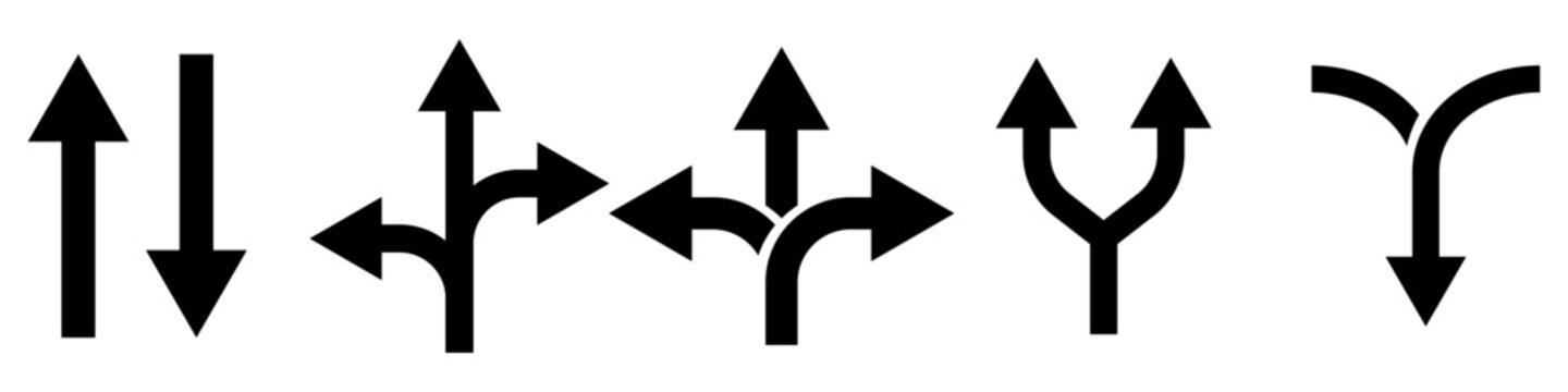 Way direction icon set. three arrow, way sign, road direction icon vector. Turn arrow navigation sign. Traffic route vector illustration.