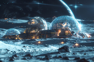 Fototapeta premium 月面に建つドーム型基地と地球の風景｜宇宙開発と人類の未来を象徴する構図