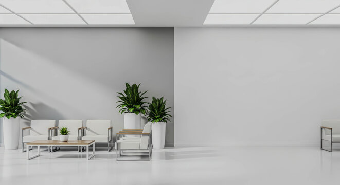 Modern empty gray medical office waiting room with white chairs and green plants. Clean clinic reception area design concept.