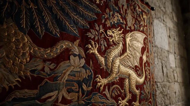 Intricate dragon tapestry hanging on old stone wall