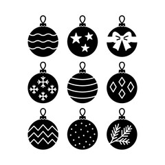 
An illustration depicting a set of black icons of a festive Christmas tree ball, on a white background.