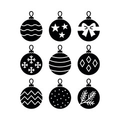 
An illustration depicting a set of black icons of a festive Christmas tree ball, on a white background.