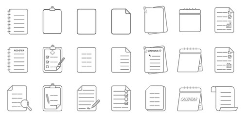 Document paper icons- outline style. Line art vector illustration includes Folded page,notes ,sheet, register , clipboard ,calendar for office work, education and business uses.