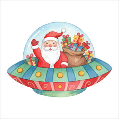 Watercolor Santa Claus Flying a UFO Full of Christmas Gifts, Funny Holiday Illustration  © tripsy