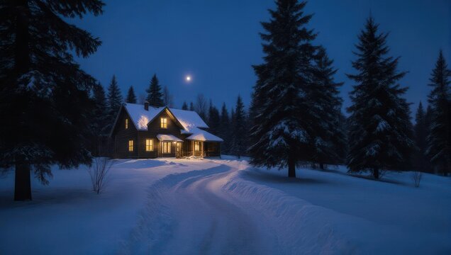 Cozy illuminated wooden cabin in a snowy winter forest at night. - Powered by Adobe