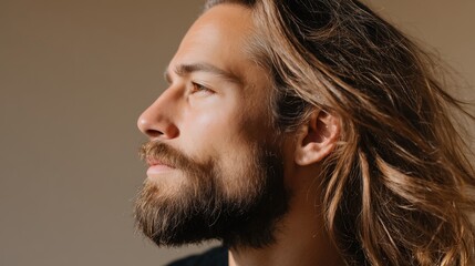Fototapeta premium Confident man with beard and long hair portrait image. Handsome male with messy hairstyle side view photography human studio shot. Barbershop treatment concept photo realistic