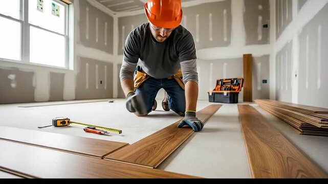 Skilled contractor carefully laying down new wood flooring planks in an unfinished residential construction project, ensuring precise installation and quality craftsmanship