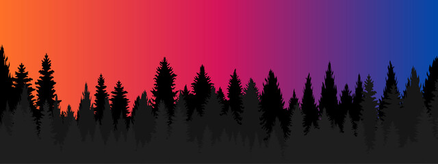 Sunset forest silhouette, vibrant orange and purple gradient sky, pine trees landscape vector banner