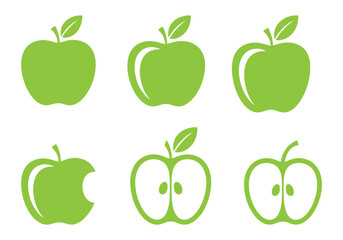   green apple icon set whole and split on a half. Apple slice vector illustration. Ripe apple core with seeds symbol. Colorful healthy food sign. Piece of apple pictogram or glyph isolated.