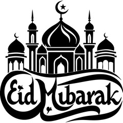 Elegant eid mubarak arabic calligraphy design featuring a mosque silhouette perfect for islamic celebrations and greetings