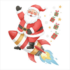 Watercolor Santa Claus Riding a Rocket through Space, Whimsical Christmas Illustration

