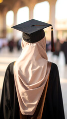 Graduate in hijab wearing cap and gown at graduation ceremony.
