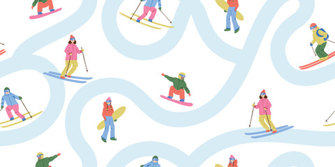 Winter skiers and snowboarders seamless pattern