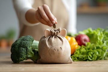 Saving money in a jar with pasta, bread and other food on the kitchen table.