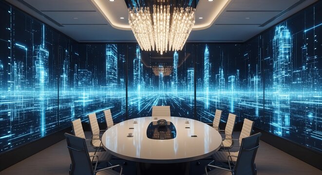 Contemporary Boardroom with Futuristic Digital City Walls and Elegant Chandelier