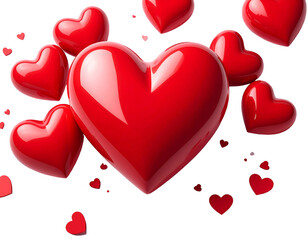 A collection of glossy, red hearts of varying sizes float on a transparent background, creating a romantic atmosphere