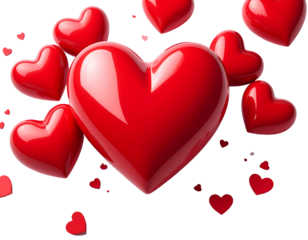 A collection of glossy, red hearts of varying sizes float on a transparent background, creating a romantic atmosphere