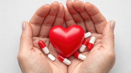Obraz premium Hands Holding Heart with Medication in Palm for Health Concept