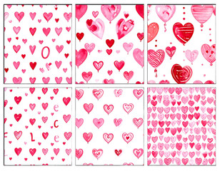 A collection of six seamless patterns featuring watercolor hearts, balloons, and scattered lettering in shades of pink and red against a white backdrop