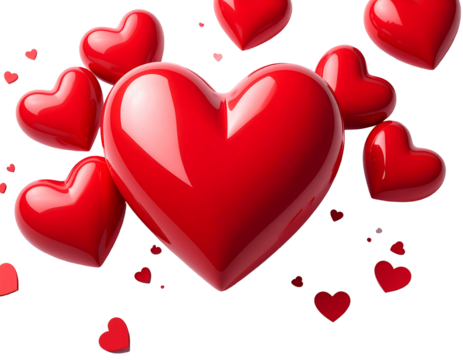 A collection of glossy, red hearts of varying sizes float on a transparent background, creating a romantic atmosphere