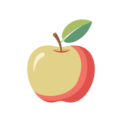 A stylized illustration of a red and yellow apple with a green leaf