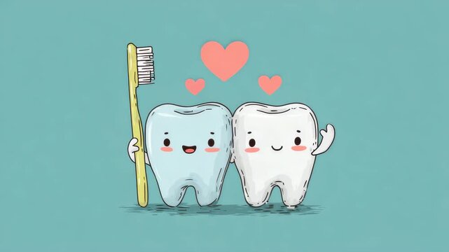 cute tooth couple with brush illustrated animation