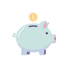 A light blue piggy bank with a coin dropping into it