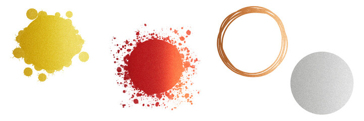 Obraz premium illustration: red and gold glitter ink spot textures, copper hand-drawn ring and silver circle badge backgrounds isolated on white or transparent png