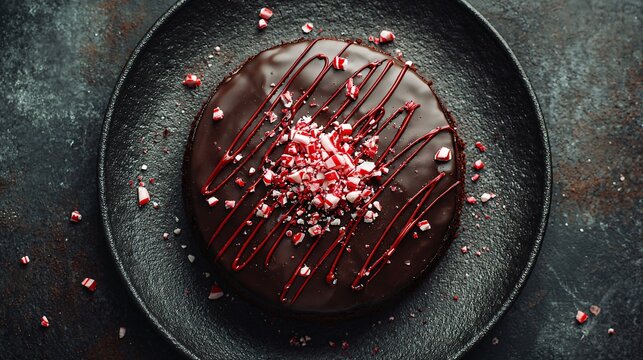 A round chocolate cake with red peppermint drizzle, top-down minimalism